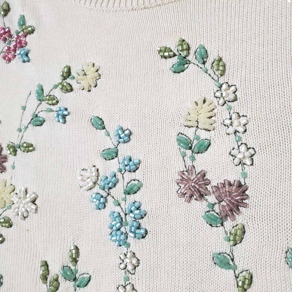 Talbots Sweater XL Floral Embellished Beaded Cream Cottagecore Knit Womens - Picture 4 of 11